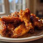 A pile of glistening, crispy Air Fryer Lemon Pepper Wings coated in seasoning and sauce on a white plate.