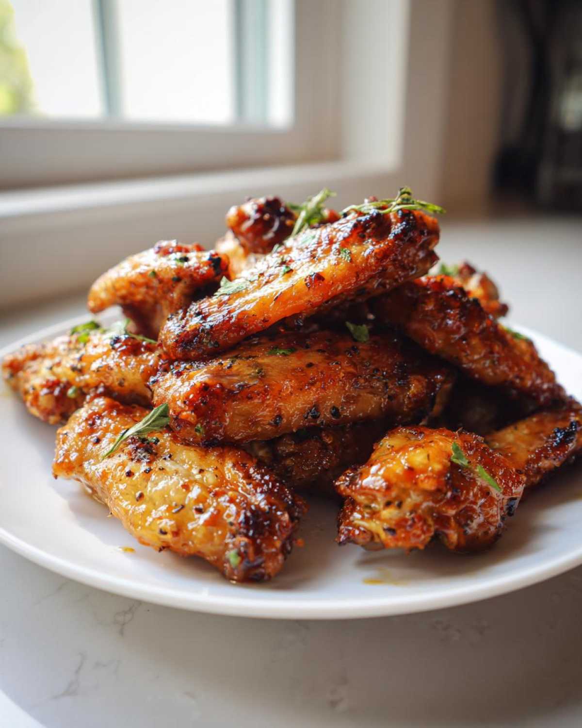 A pile of crispy, glazed Air Fryer Lemon Pepper Wings garnished with fresh herbs on a white plate.
