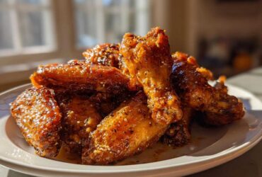 A pile of glistening, crispy Air Fryer Lemon Pepper Wings coated in seasoning and sauce on a white plate.