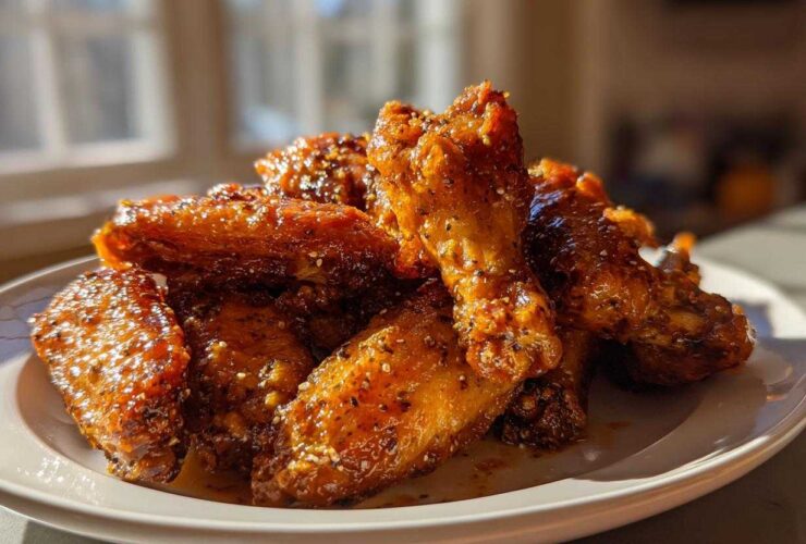 A pile of glistening, crispy Air Fryer Lemon Pepper Wings coated in seasoning and sauce on a white plate.