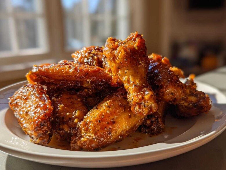 A pile of glistening, crispy Air Fryer Lemon Pepper Wings coated in seasoning and sauce on a white plate.