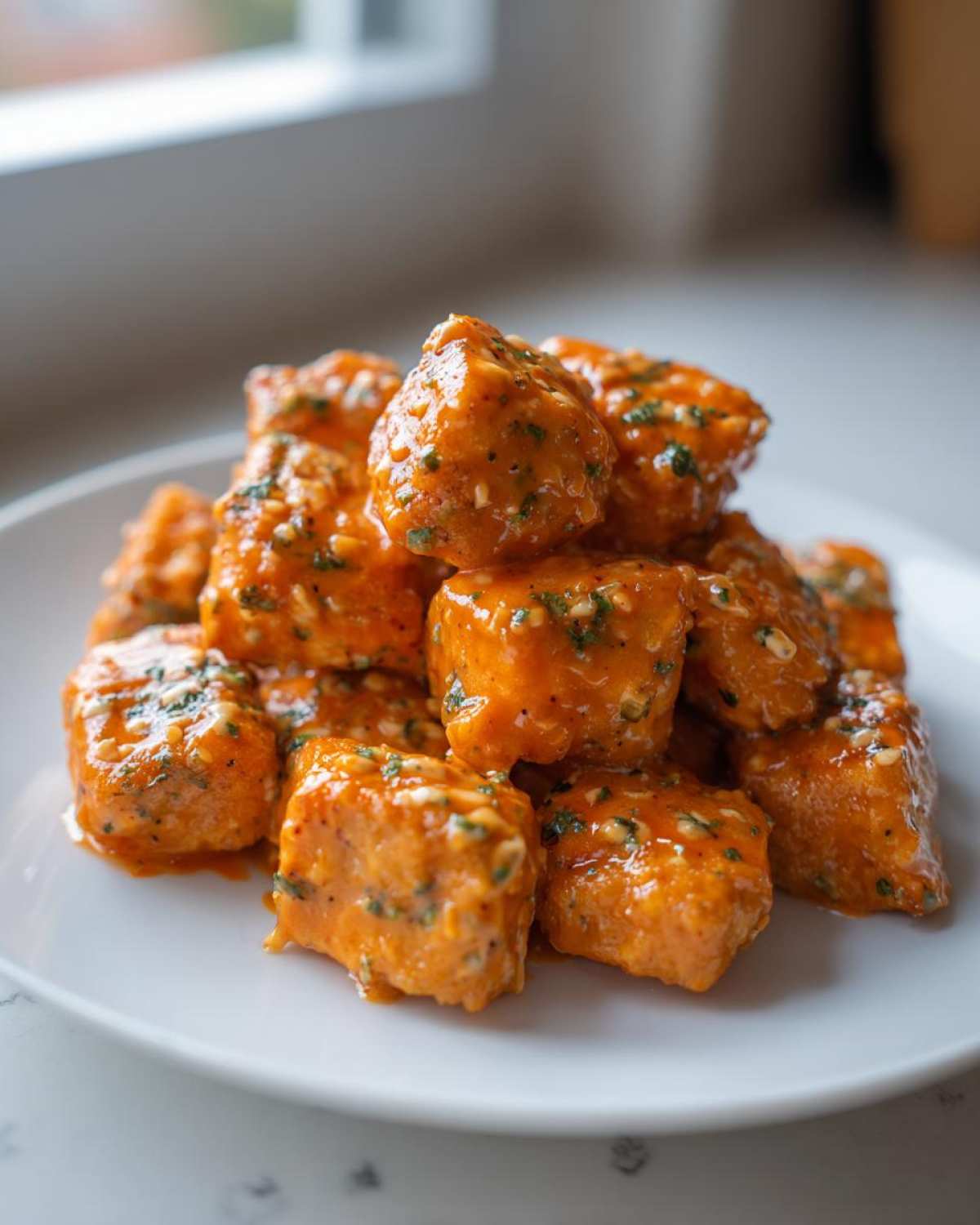 A stack of juicy Air Fryer Salmon Bites coated in orange Bang Bang Sauce with visible green herbs.