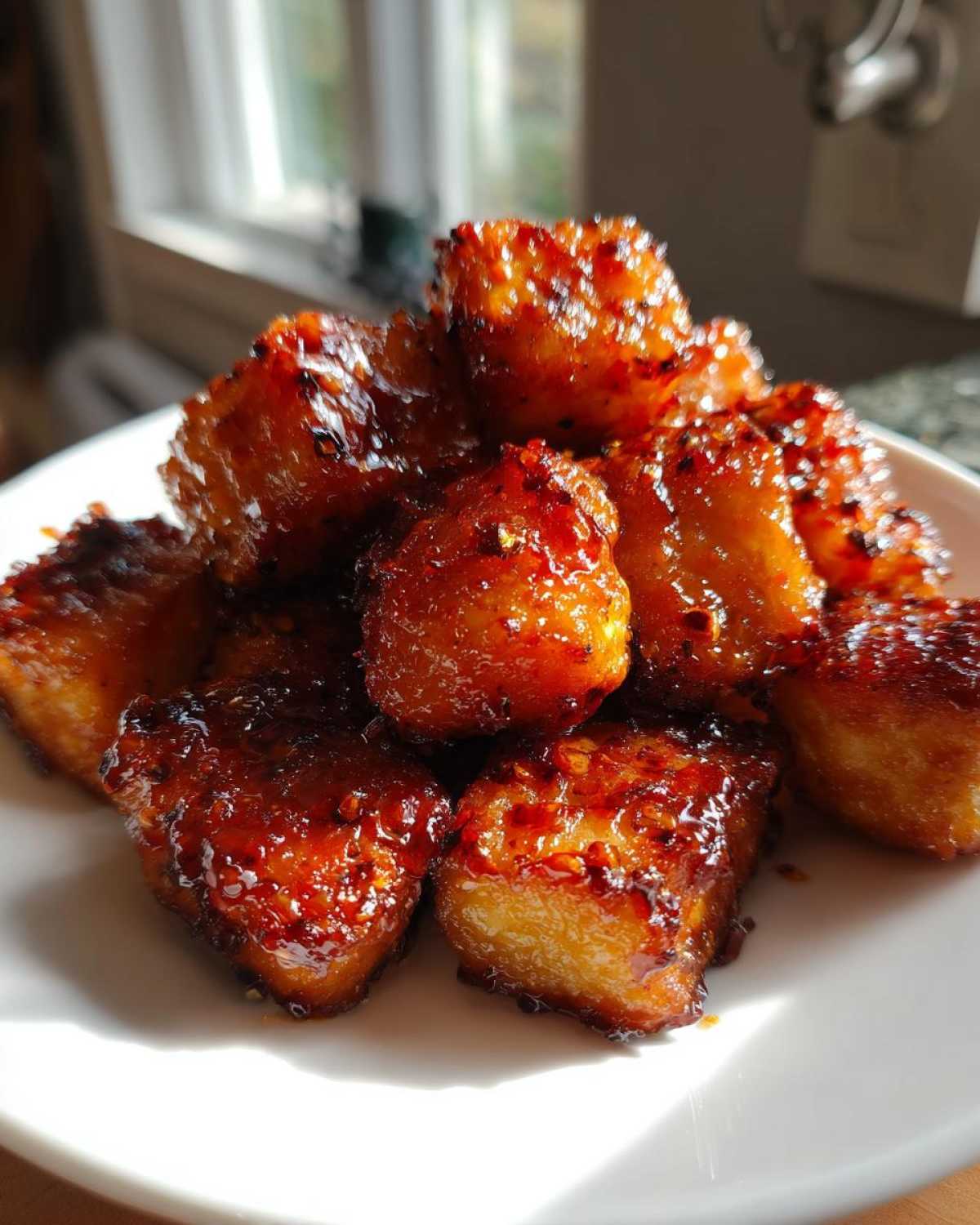 A pile of golden Air Fryer Salmon Bites coated in a sticky, spicy Bang Bang Sauce on a white plate.