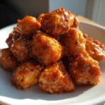 A close-up of shiny, saucy Air Fryer Salmon Bites piled high on a white plate, coated in Bang Bang Sauce.