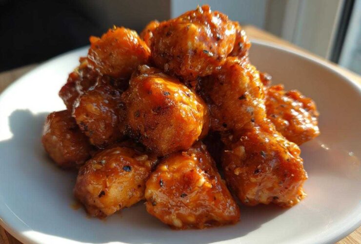 A close-up of shiny, saucy Air Fryer Salmon Bites piled high on a white plate, coated in Bang Bang Sauce.