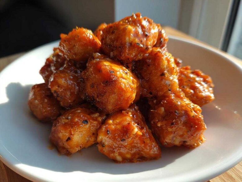 A close-up of shiny, saucy Air Fryer Salmon Bites piled high on a white plate, coated in Bang Bang Sauce.