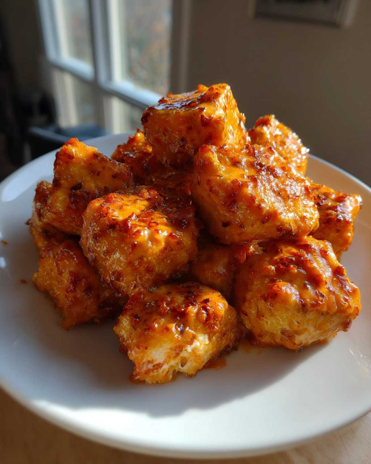 A pile of golden, saucy Air Fryer Salmon Bites coated in vibrant orange Bang Bang Sauce on a white plate.