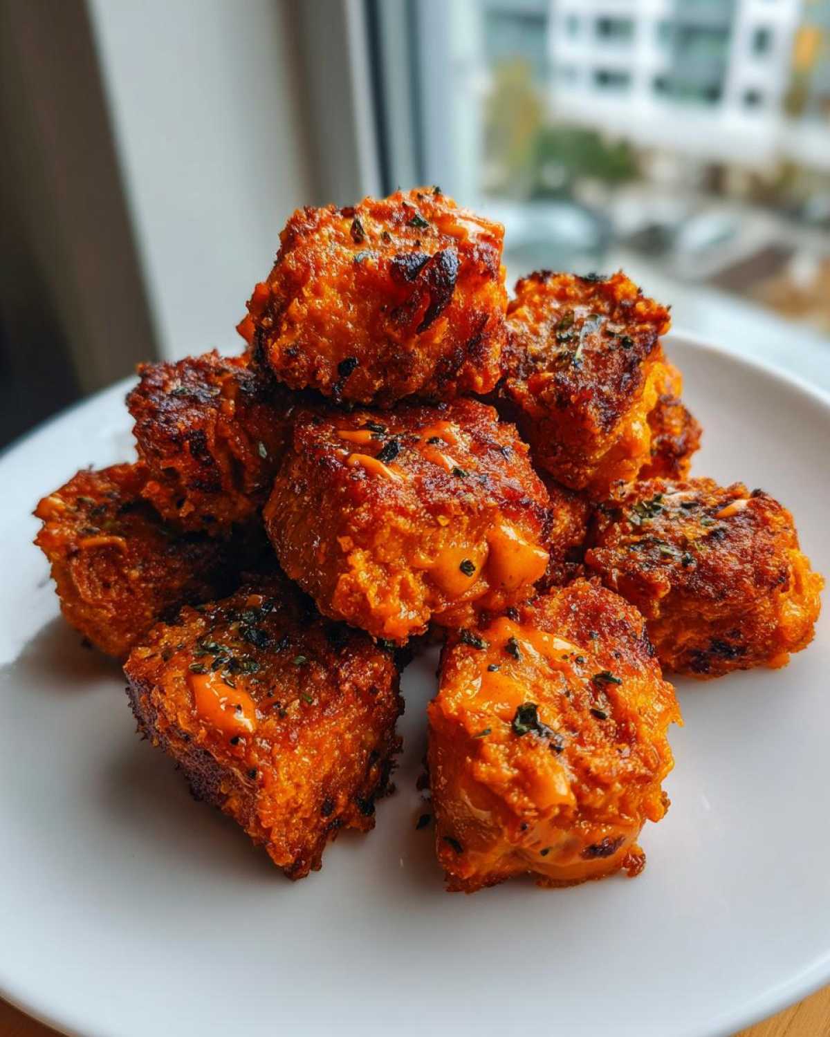 A pile of crispy, orange-coated Air Fryer Salmon Bites seasoned with herbs on a white plate.