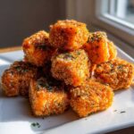 A stack of crispy, golden-orange Air Fryer Salmon Bites sprinkled with herbs on a white plate.