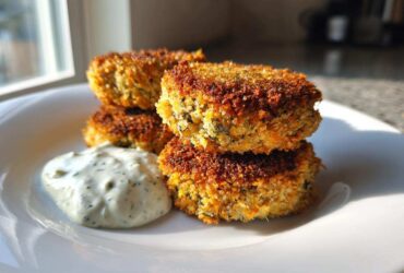 Four crispy, golden Air Fryer Salmon Patties stacked on a white plate next to a dollop of creamy dill sauce.