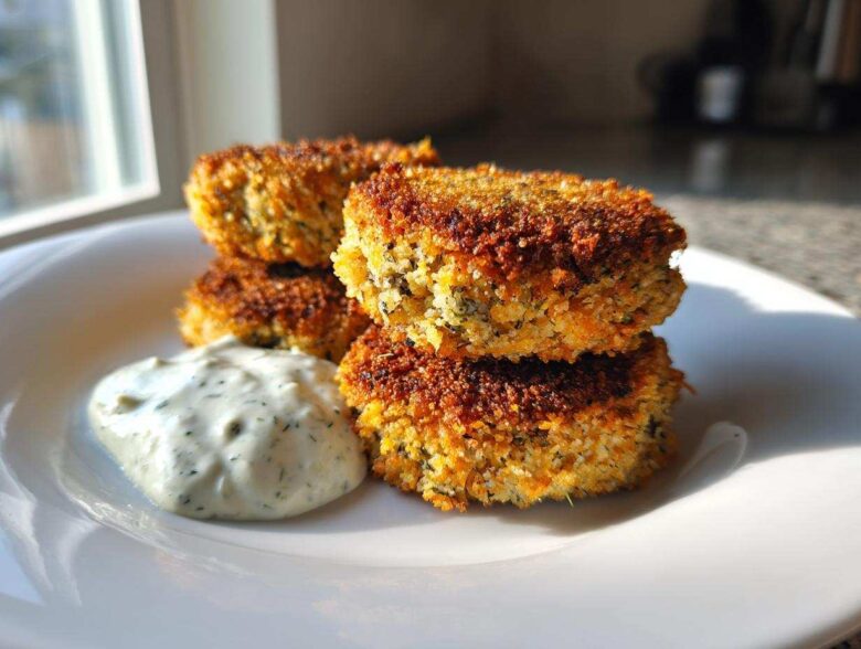 Four crispy, golden Air Fryer Salmon Patties stacked on a white plate next to a dollop of creamy dill sauce.