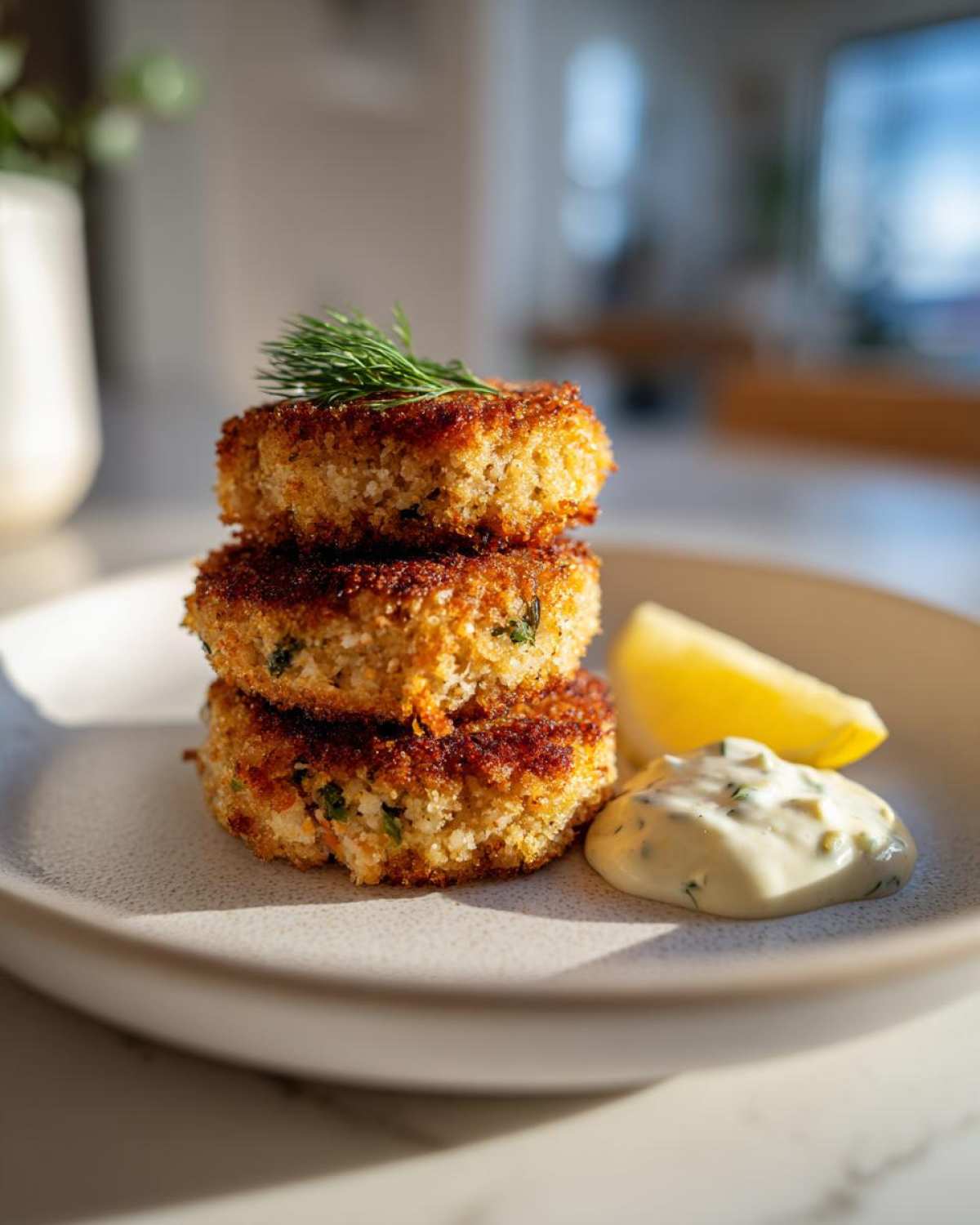 Three perfectly browned Air Fryer Salmon Patties stacked, served with tartar sauce and a lemon wedge.