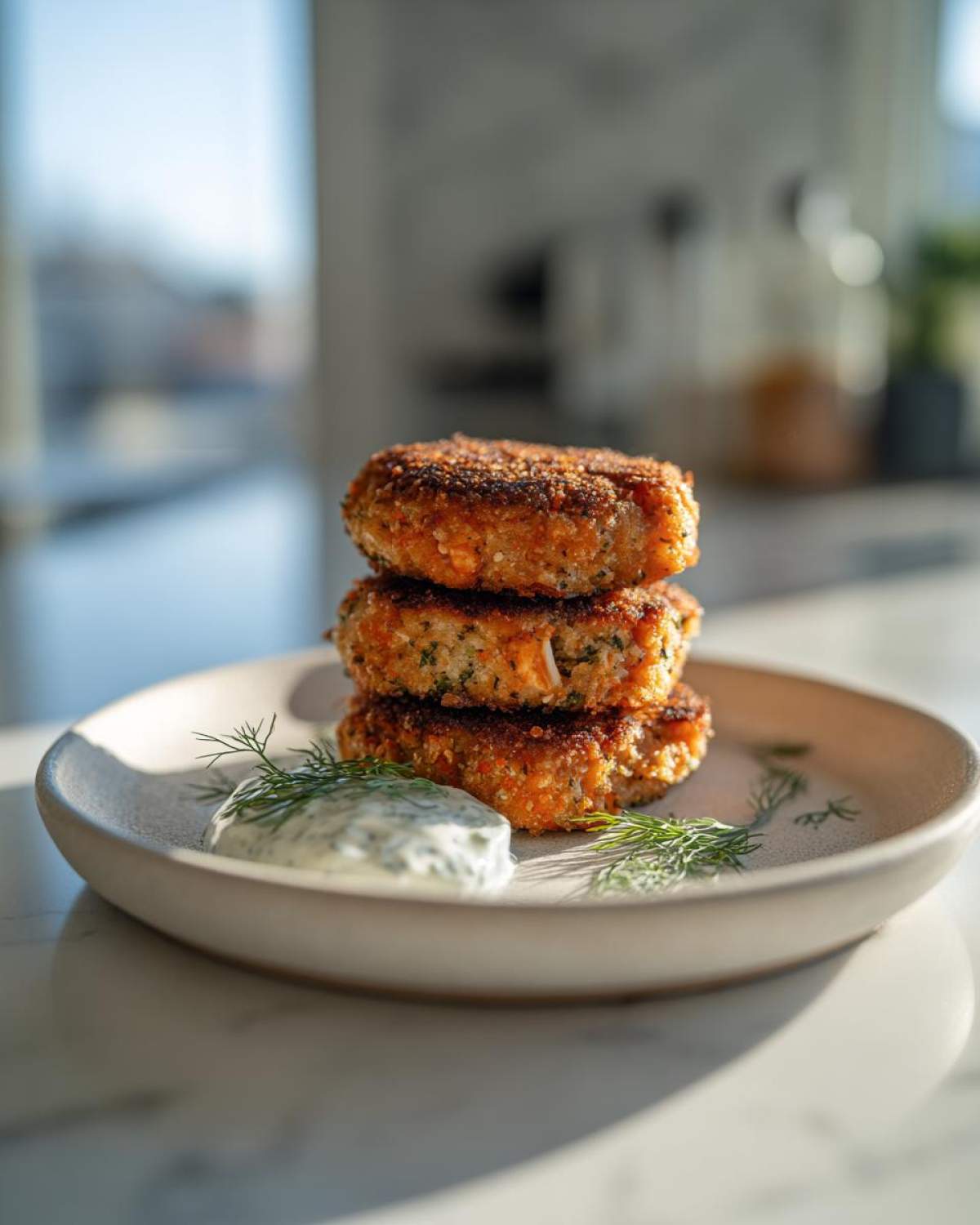 Three golden brown Air Fryer Salmon Patties stacked on a plate next to a dollop of creamy dill sauce.