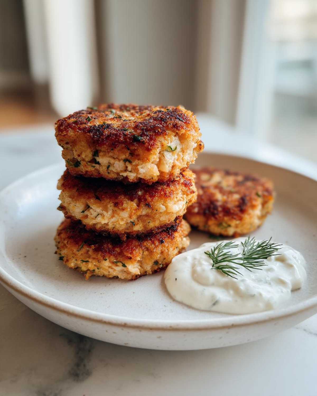 Three golden brown Air Fryer Salmon Patties stacked on a plate next to a dollop of white sauce garnished with fresh dill.