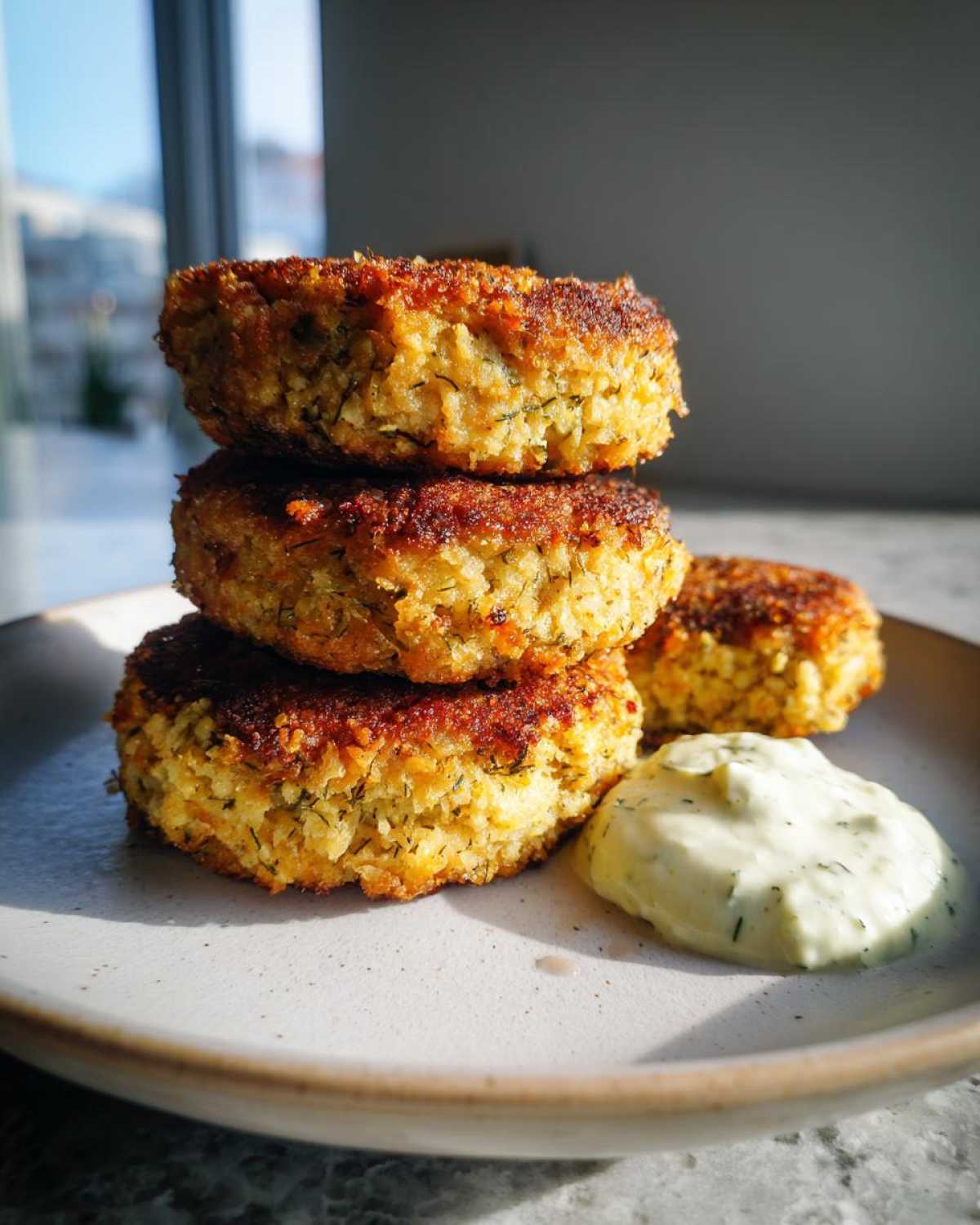 Three golden brown Air Fryer Salmon Patties stacked, served with a dollop of creamy dill sauce.