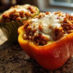 Close-up of two Air Fryer Stuffed Bell Peppers, one orange and one green, topped with melted cheese.