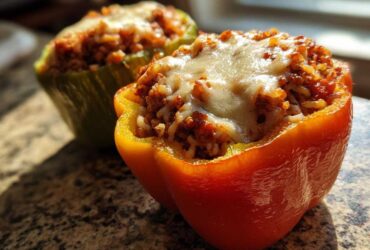 Close-up of two Air Fryer Stuffed Bell Peppers, one orange and one green, topped with melted cheese.