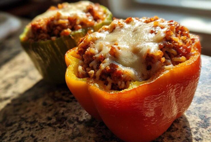 Close-up of two Air Fryer Stuffed Bell Peppers, one orange and one green, topped with melted cheese.