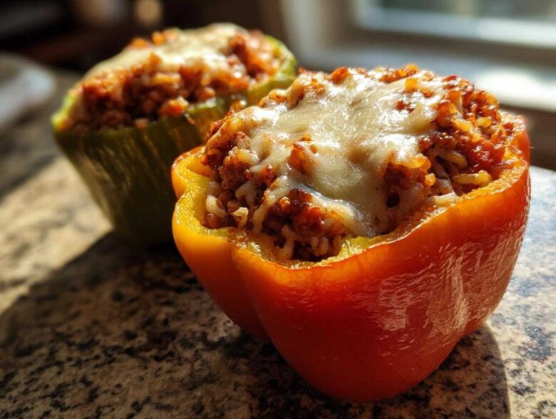 Close-up of two Air Fryer Stuffed Bell Peppers, one orange and one green, topped with melted cheese.