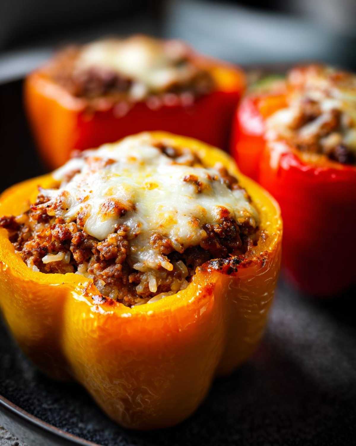 A close-up of a golden yellow Air Fryer Stuffed Bell Pepper topped with melted mozzarella cheese.