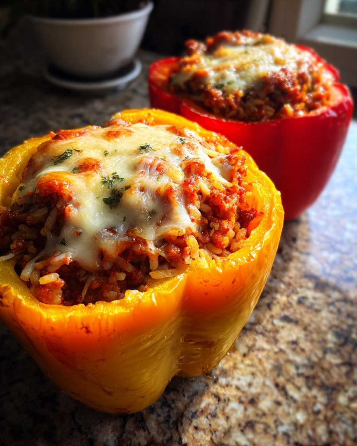 Close-up of a yellow Air Fryer Stuffed Bell Pepper topped with melted cheese, with a red one in the background.