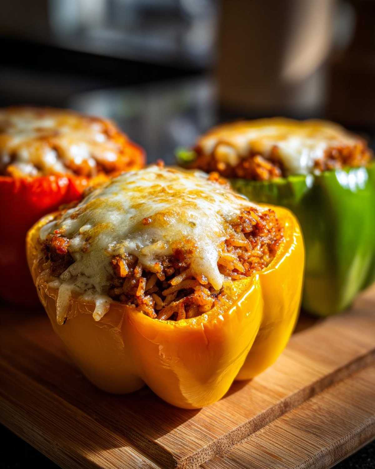 Close-up of vibrant yellow Air Fryer Stuffed Bell Peppers topped with melted cheese on a wooden board.