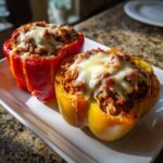 Two colorful Air Fryer Stuffed Bell Peppers, one red and one yellow, topped with melted mozzarella cheese.