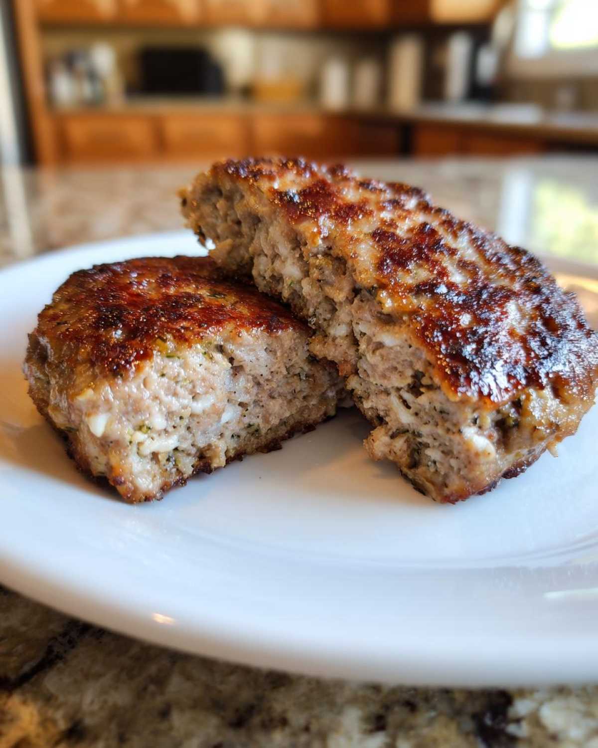 Close-up of a perfectly cooked Air Fryer Turkey Burger cut in half showing its juicy interior.