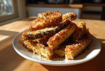 A pile of golden, crispy Air Fryer Zucchini Fries with Parmesan served on a white plate.