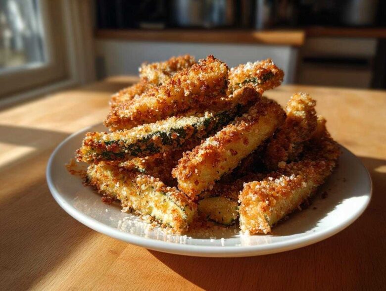 A pile of golden, crispy Air Fryer Zucchini Fries with Parmesan served on a white plate.