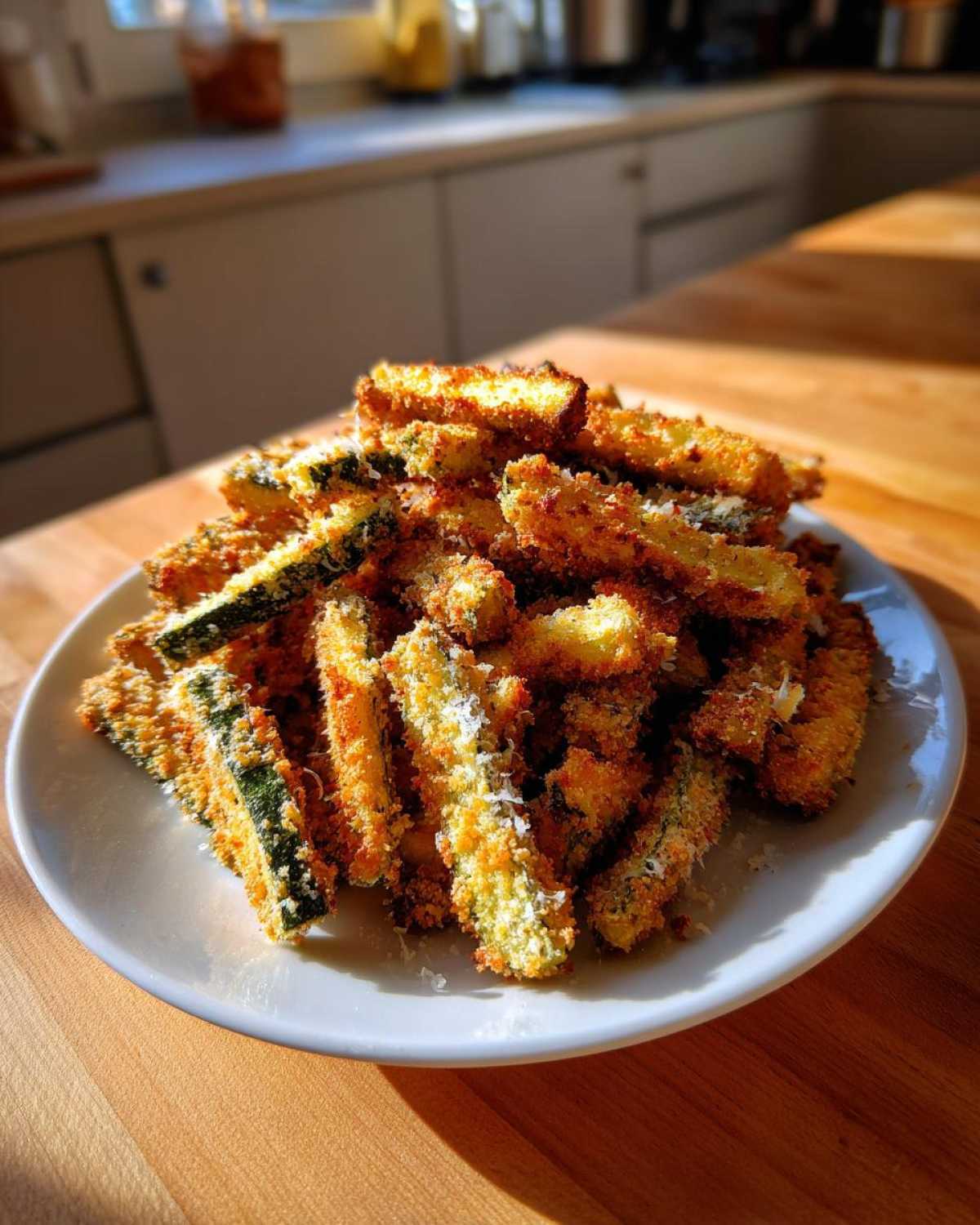 A plate piled high with golden, crispy Air Fryer Zucchini Fries with Parmesan cheese.
