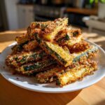 A pile of golden brown Air Fryer Zucchini Fries with Parmesan stacked high on a white plate.