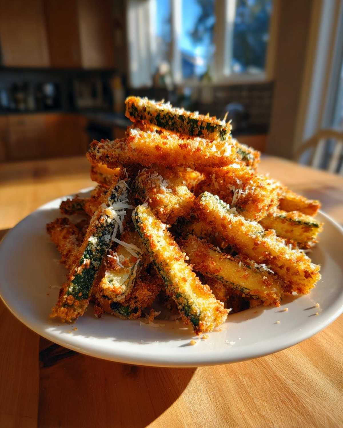 A pile of golden brown Air Fryer Zucchini Fries with Parmesan cheese sprinkled on top.
