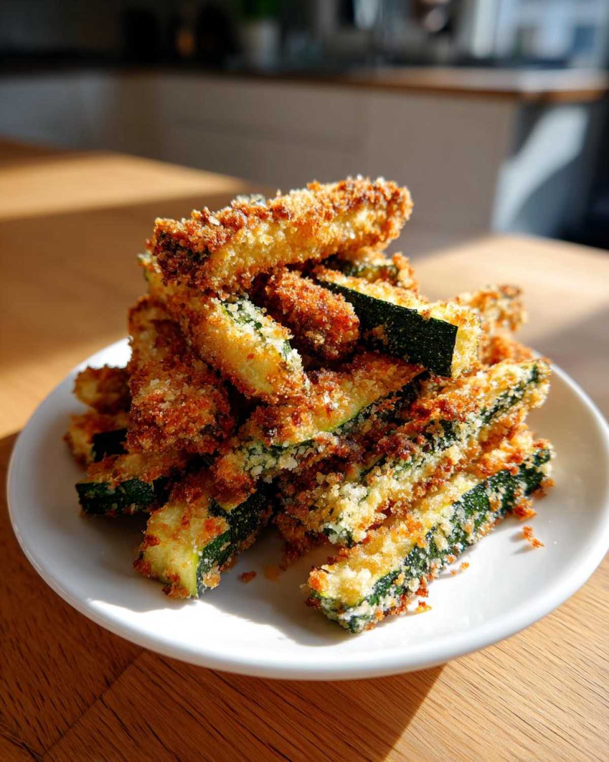 A tall stack of crispy Air Fryer Zucchini Fries with Parmesan piled high on a white plate.