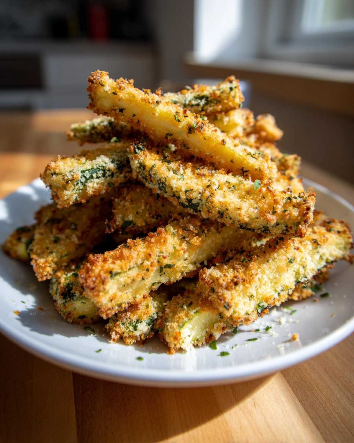 A tall stack of golden, crispy Air Fryer Zucchini Fries with Parmesan piled high on a white plate.