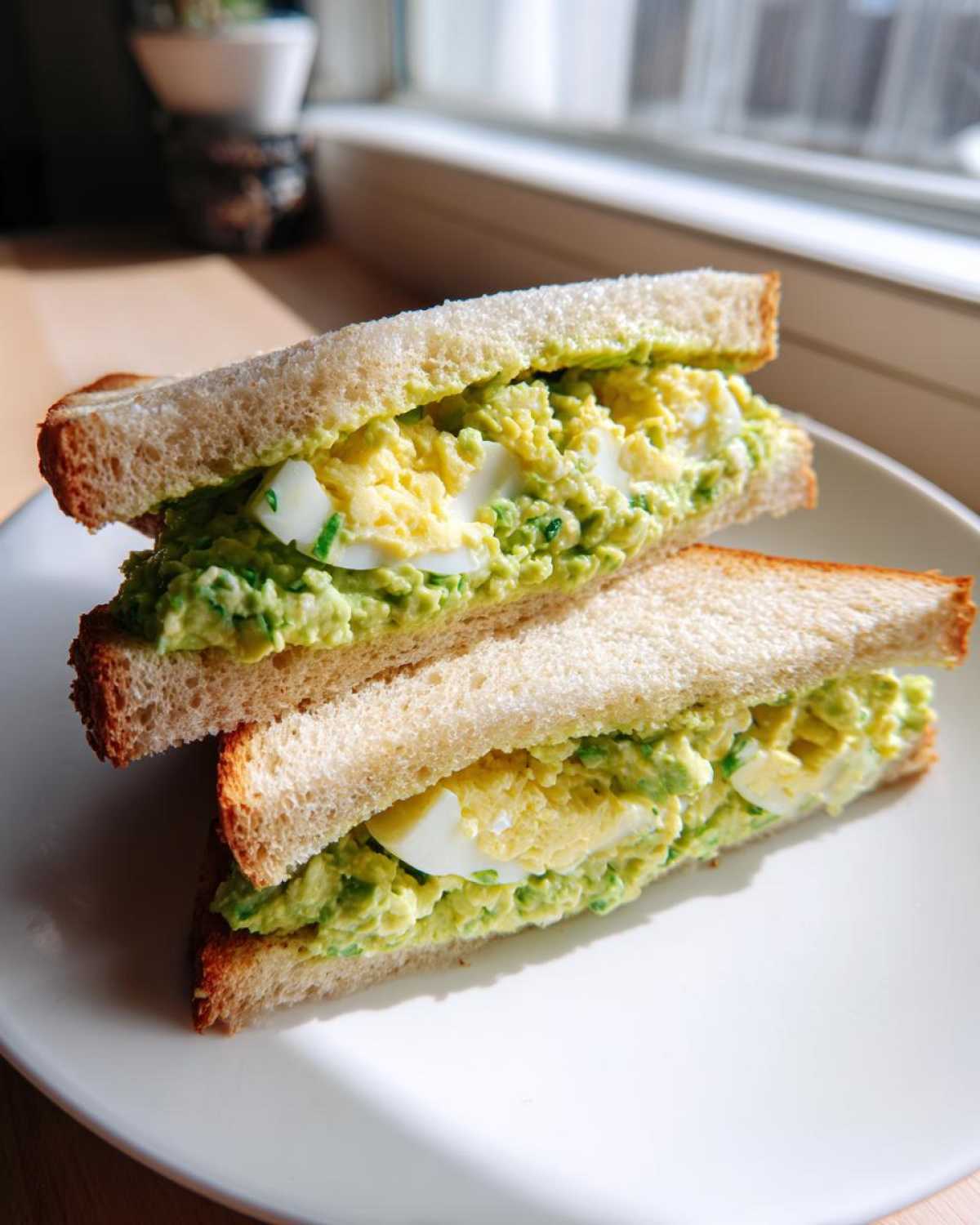 Two halves of an Avocado Egg Salad Sandwich stacked on a white plate, showing creamy green avocado mixed with yellow egg.