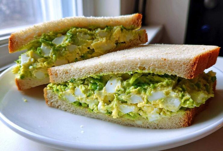 Two halves of an Ultimate Avocado Egg Salad Sandwich showing chunky egg and bright green avocado filling on white bread.