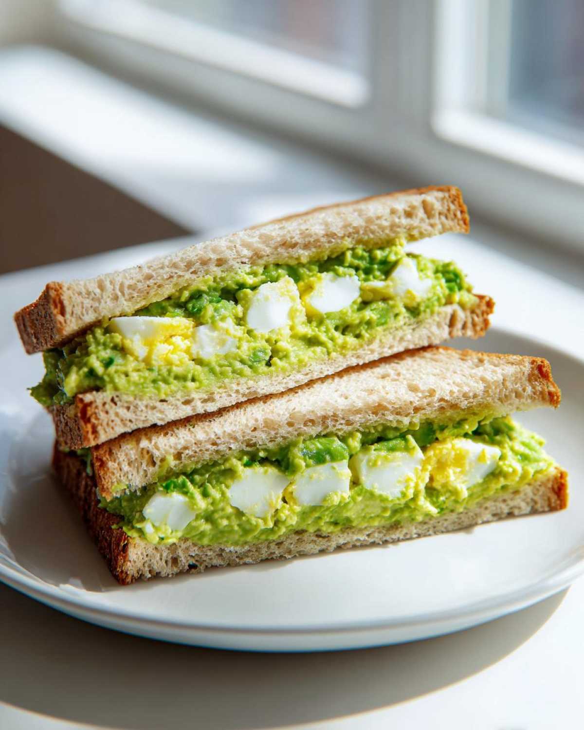 Two halves of an Avocado Egg Salad Sandwich stacked on a white plate, showing creamy green avocado mixed with visible chunks of hard-boiled egg.