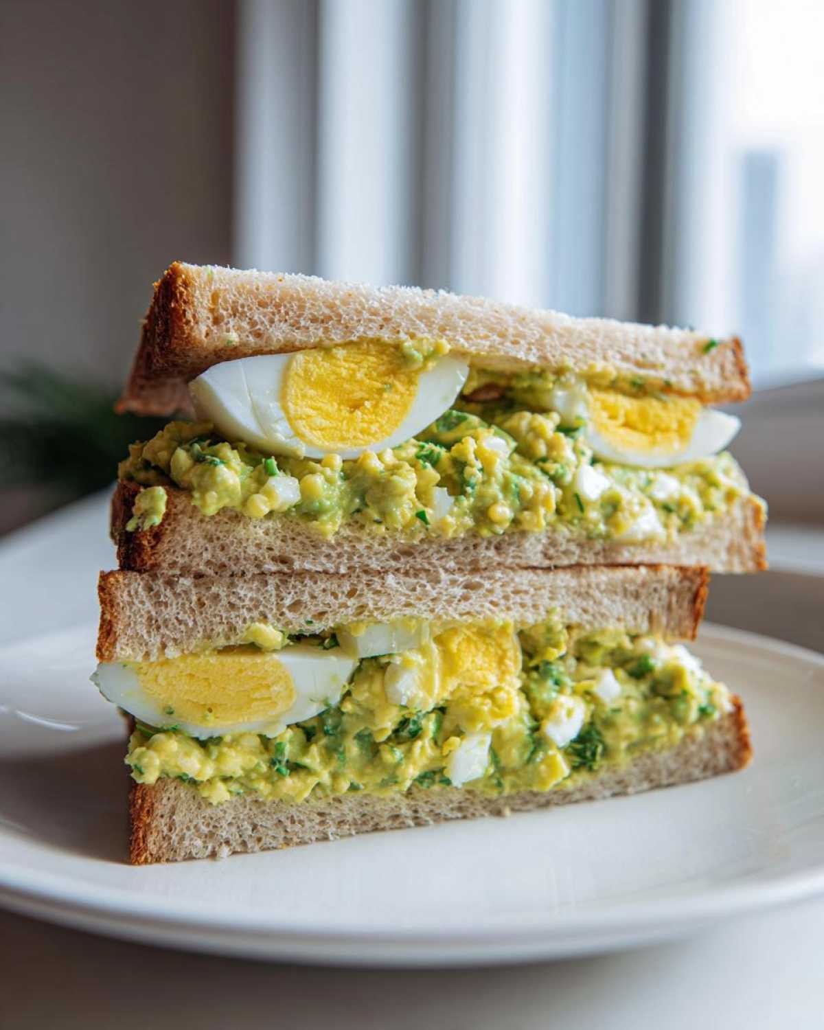 A stacked, halved Avocado Egg Salad Sandwich on whole wheat bread with visible slices of hard-boiled egg.