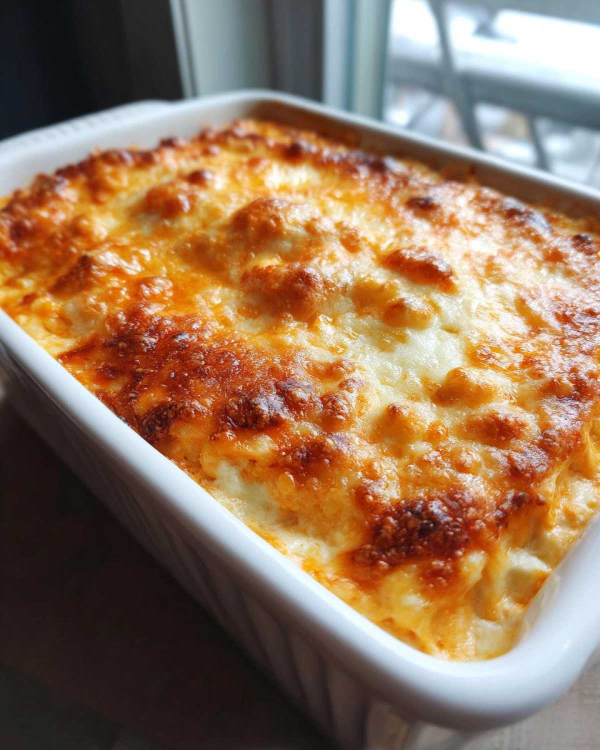 Close-up of freshly Baked Buffalo Chicken Dip with a bubbly, golden-brown melted cheese topping.