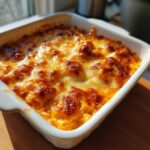 Close-up of hot Baked Buffalo Chicken Dip in a white square dish, featuring bubbly, browned, melted cheese.