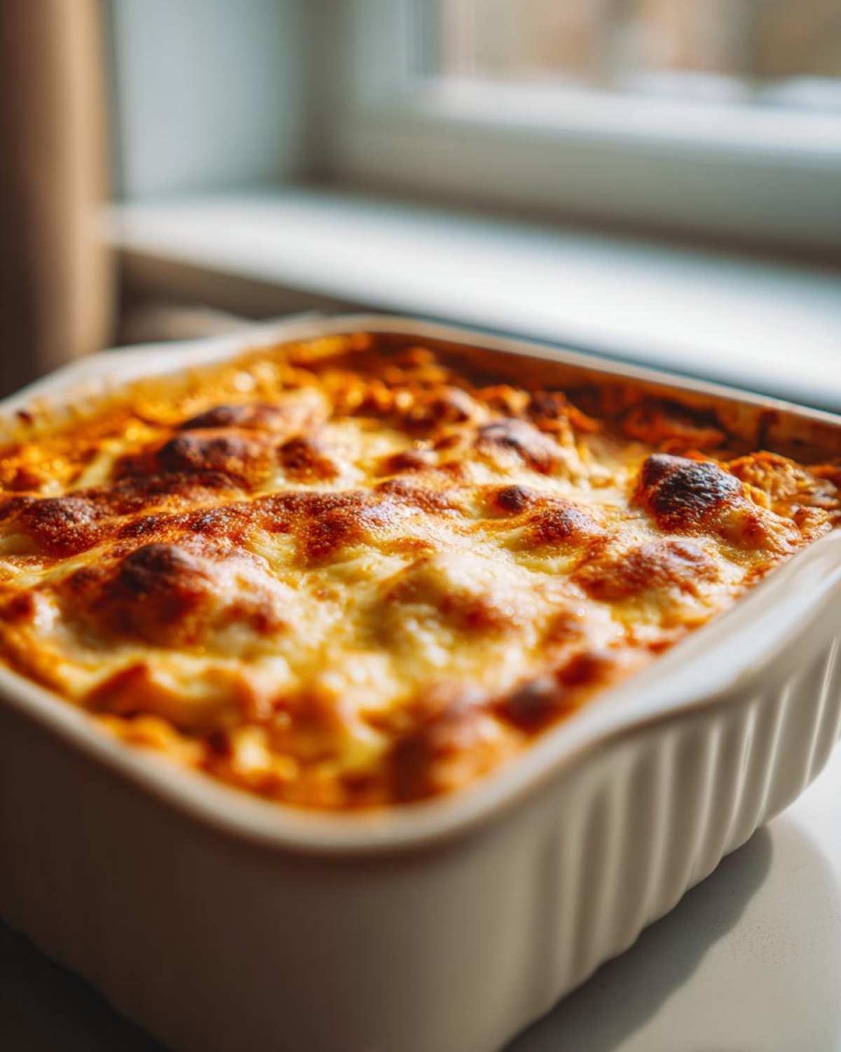 Close-up of a square baking dish filled with hot Baked Buffalo Chicken Dip, featuring a bubbly, golden-brown melted cheese topping.