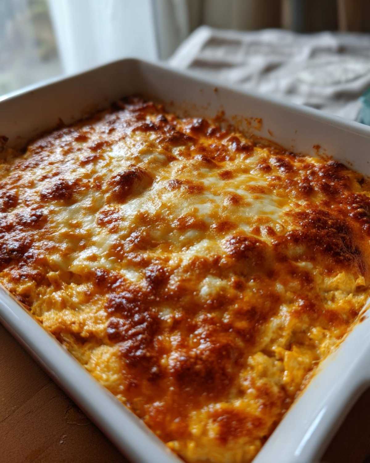 Close-up of a white baking dish filled with hot, bubbly Baked Buffalo Chicken Dip topped with melted, golden-brown cheese.