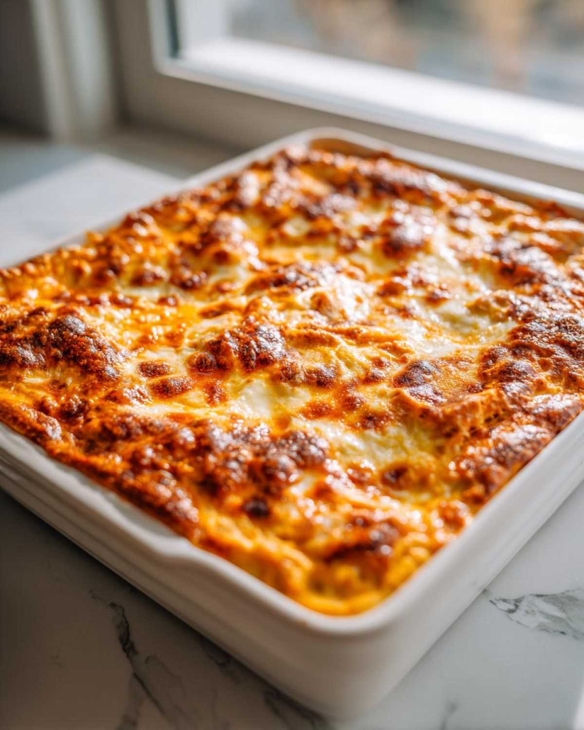 Close-up of a square white baking dish filled with freshly Baked Buffalo Chicken Dip, featuring a bubbly, golden-brown cheesy top.