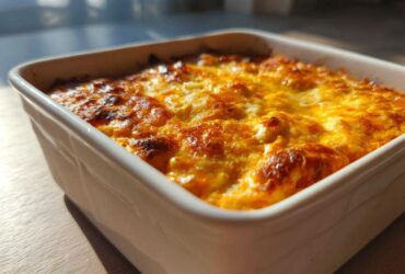 Close-up of a square white dish filled with bubbling, golden-brown Baked Buffalo Chicken Dip.