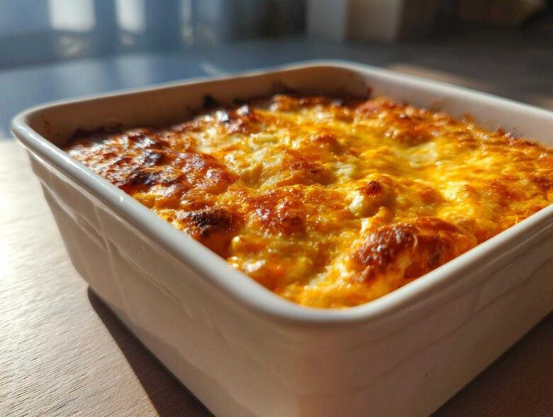 Close-up of a square white dish filled with bubbling, golden-brown Baked Buffalo Chicken Dip.