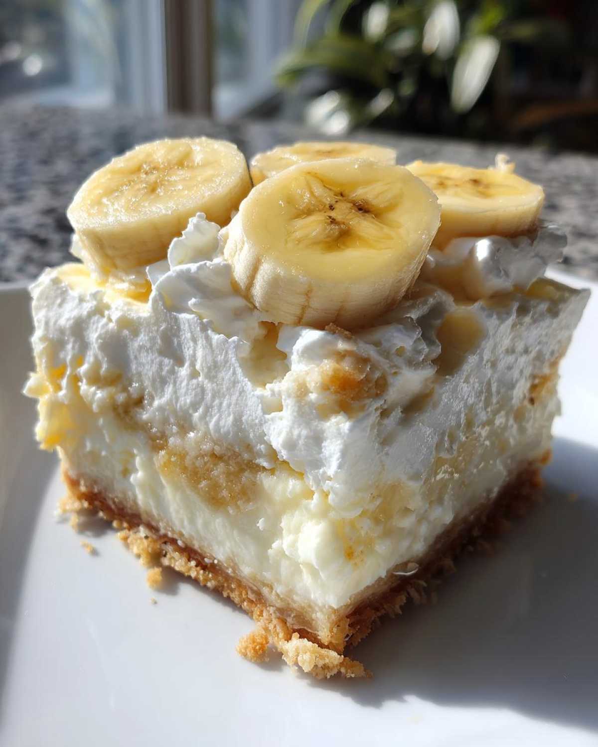 A close-up of a rich slice of Banana Pudding Cheesecake Bars topped with whipped cream and fresh banana slices.