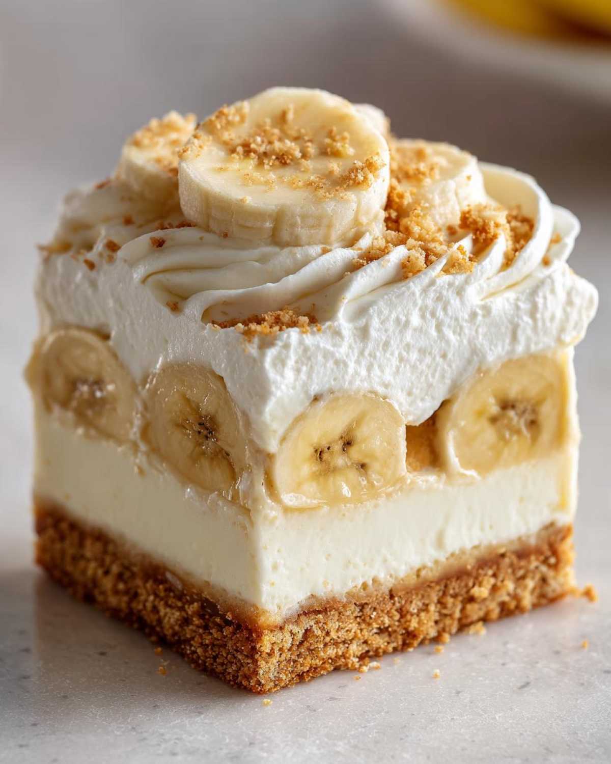 Close-up of a perfectly layered Banana Pudding Cheesecake Bars square with a graham cracker crust, creamy filling, bananas, and whipped topping.