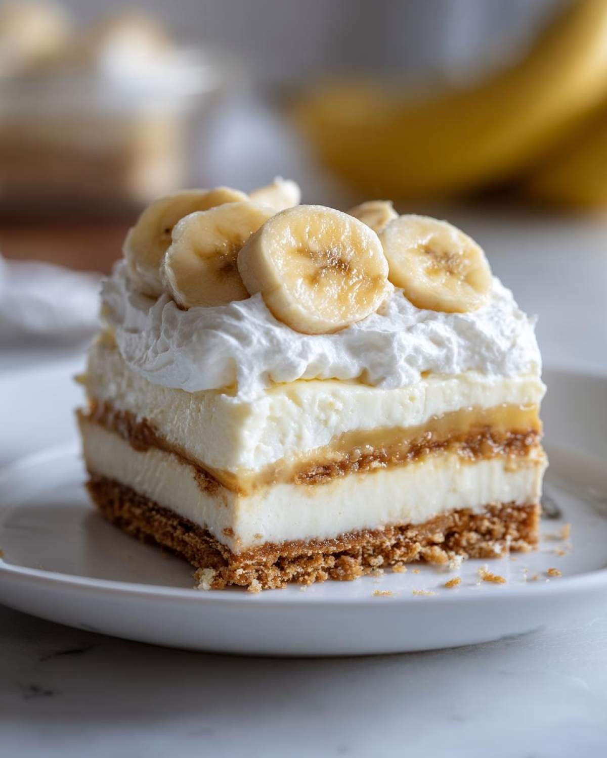 A layered square of Banana Pudding Cheesecake Bars topped with whipped cream and fresh banana slices.