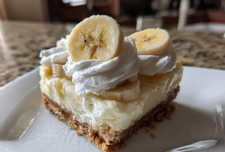 A single serving slice of Banana Pudding Cheesecake Bars topped with whipped cream and fresh banana slices.